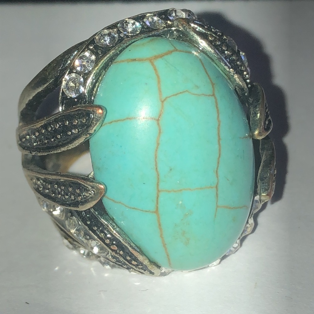 Faux Turquoise Brass Tone Boho Statement Ring with Silver Accents